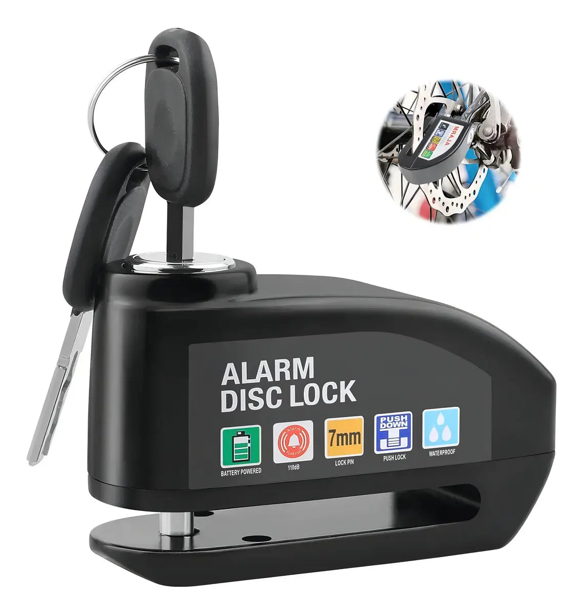 Candado de Disco con Alarma 110dB Satisfactura · antirrobo para moto, bici y patín eléctrico · acero endurecido · sensor de vibración inteligente