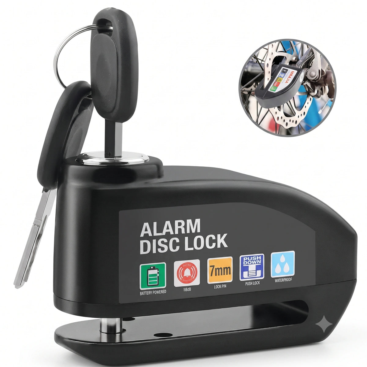 Candado de Disco con Alarma 110dB · Antirrobo para Moto, Bici y Patín Eléctrico